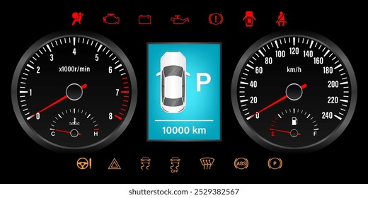 Car Dashboard. Car Panel Display. Car Speedometer Dashboard. Tachometer or Odometer Display. Vector Illustration.