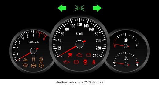 Car Dashboard. Car Panel Display. Car Speedometer Dashboard. Tachometer or Odometer Display. Vector Illustration.
