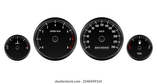 Painel do carro. Exibição do painel de carro. Painel do velocímetro do carro. Visor do tacômetro ou conta-quilômetros. Ilustração de vetor.