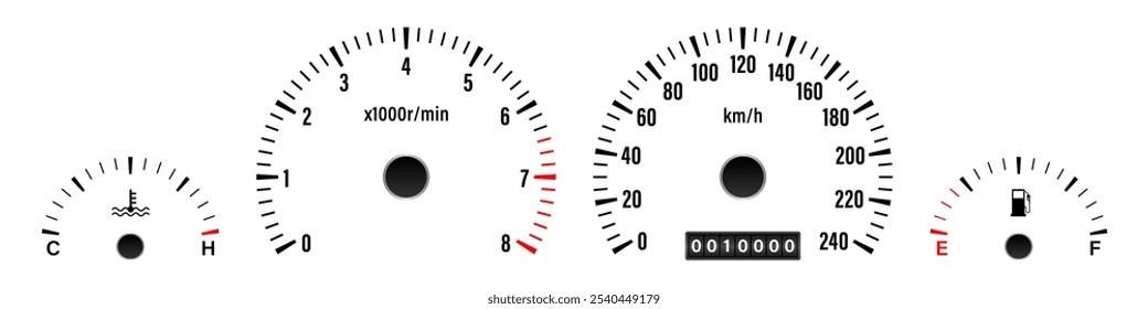 Car Dashboard. Car Panel Display. Car Speedometer Dashboard. Tachometer or Odometer Display. Vector Illustration.