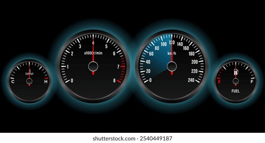 Car Dashboard. Car Panel Display. Car Speedometer Dashboard. Tachometer or Odometer Display. Vector Illustration.