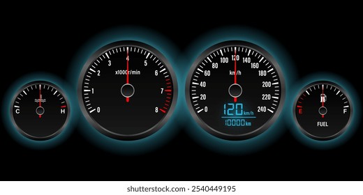 Car Dashboard. Car Panel Display. Car Speedometer Dashboard. Tachometer or Odometer Display. Vector Illustration.