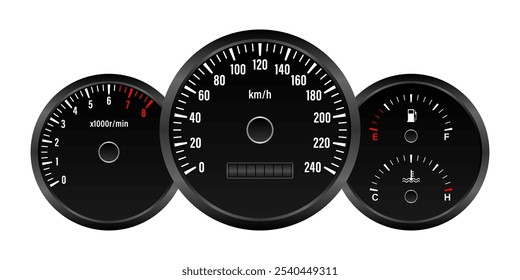 Painel do carro. Exibição do painel de carro. Painel do velocímetro do carro. Visor do tacômetro ou conta-quilômetros. Ilustração de vetor.