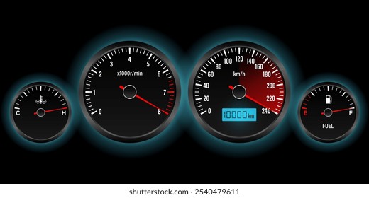 Car Dashboard. Car Panel Display. Car Speedometer Dashboard. Tachometer or Odometer Display. High Speed Concept. Vector Illustration.