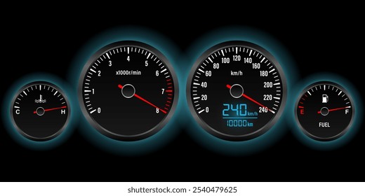 Car Dashboard. Car Panel Display. Car Speedometer Dashboard. Tachometer or Odometer Display. High Speed Concept. Vector Illustration.