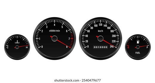 Painel do carro. Exibição do painel de carro. Painel do velocímetro do carro. Visor do tacômetro ou conta-quilômetros. Conceito de alta velocidade. Ilustração de vetor.