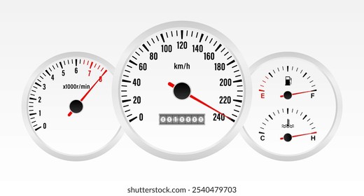 Painel do carro. Exibição do painel de carro. Painel do velocímetro do carro. Visor do tacômetro ou conta-quilômetros. Conceito de alta velocidade. Ilustração de vetor.