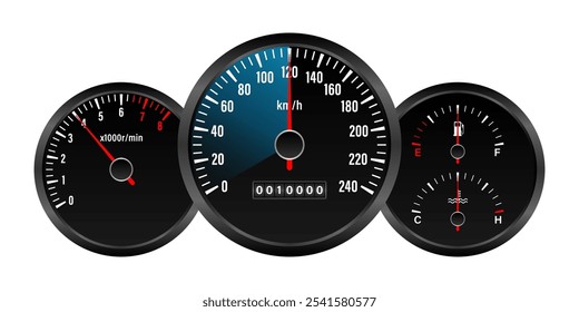 Car Dashboard. Auto-Panel-Display. Armaturenbrett für Geschwindigkeitsmesser. Tachometer- oder Odometeranzeige. Vektorgrafik.