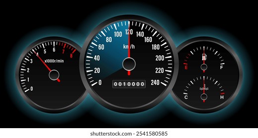 Car Dashboard. Auto-Panel-Display. Armaturenbrett für Geschwindigkeitsmesser. Tachometer- oder Odometeranzeige. Vektorgrafik.