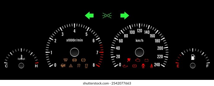 Car Dashboard. Car Panel Display. Car Speedometer Dashboard. Tachometer or Odometer Display. Vector Illustration.