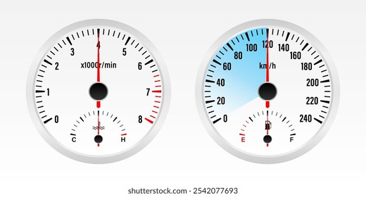 Painel do carro. Exibição do painel de carro. Painel do velocímetro do carro. Visor do tacômetro ou conta-quilômetros. Ilustração de vetor.