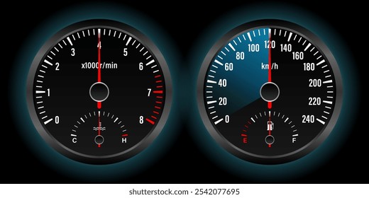 Car Dashboard. Car Panel Display. Car Speedometer Dashboard. Tachometer or Odometer Display. Vector Illustration.