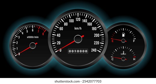 Car Dashboard. Car Panel Display. Car Speedometer Dashboard. Tachometer or Odometer Display. Vector Illustration.