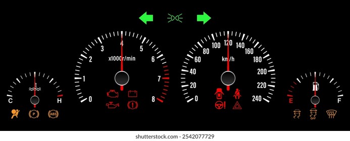 Car Dashboard. Car Panel Display. Car Speedometer Dashboard. Tachometer or Odometer Display. Vector Illustration.