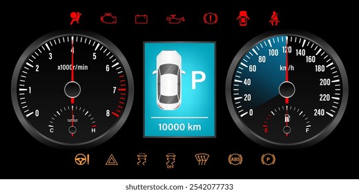 Painel do carro. Exibição do painel de carro. Painel do velocímetro do carro. Visor do tacômetro ou conta-quilômetros. Ilustração de vetor.