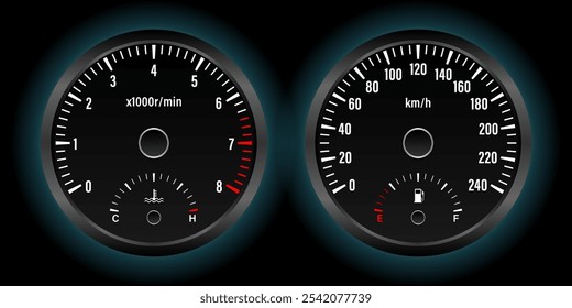 Car Dashboard. Car Panel Display. Car Speedometer Dashboard. Tachometer or Odometer Display. Vector Illustration.