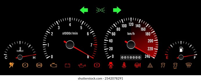 Car Dashboard. Car Panel Display. Car Speedometer Dashboard. Tachometer or Odometer Display. High Speed Concept. Vector Illustration.