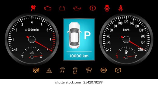 Car Dashboard. Car Panel Display. Car Speedometer Dashboard. Tachometer or Odometer Display. High Speed Concept. Vector Illustration.