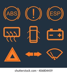 Car dashboard panel indicators. ABS, attention, battery, emergency. Vector illustration
