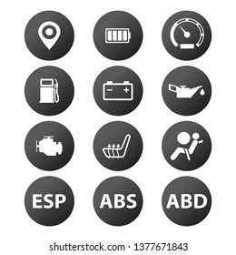 Car dashboard panel indicators, white in black circles. car icon buttons. Electronic stability control, Automatic Brake Differential button. Vector illustration isolated on white background.
