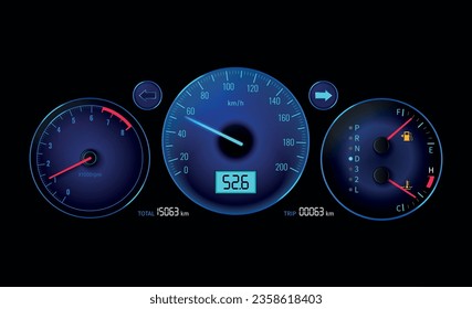 Car dashboard realistic concept with speedometer tachometer and odometer vector illustration