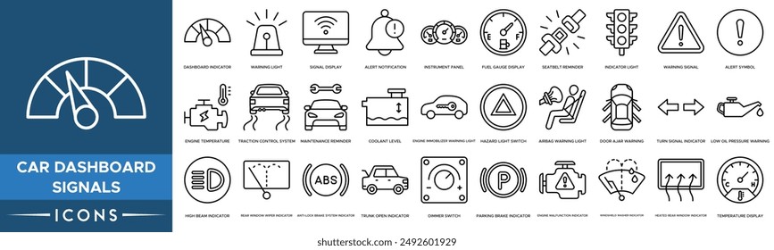 Car Dashboard Signals icon. Dashboard Indicator, Warning Light, Signal Display, Alert Notification, Instrument Panel, Fuel Gauge Display, Seatbelt Reminder , Indicator Light and Warning Signal