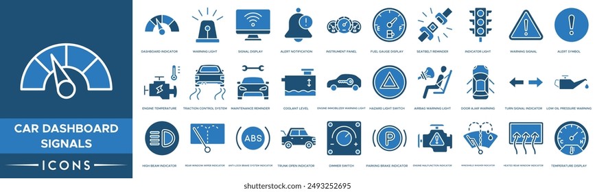 Car Dashboard Signals icon. Dashboard Indicator, Warning Light, Signal Display, Alert Notification, Instrument Panel, Fuel Gauge Display, Seatbelt Reminder , Indicator Light and Warning Signal