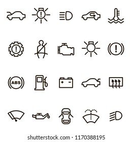 Car Dashboard Signs Black Thin Line Icon Set Include of Engine, Battery, Pressure, Oil and Gasoline Measurement. Vector illustration of Icons