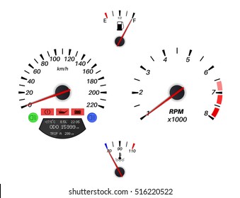 Car dashboard signs. Speedometer, tachometer, fuel and temperature gauge. Vector illustration isolated on white background
