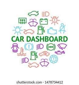 Car Dashboard Signs Thin Line Round Design Template Ad Include of Engine, Battery, Pressure, Oil and Gasoline Measurement. Vector illustration of Icons
