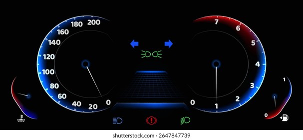 Car dashboard speedometer display with blue illuminated gauges showing speed and rpm meters, fuel indicator, warning lights and digital screen on black background for automotive interface design.