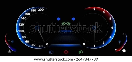 Car dashboard speedometer display with blue illuminated gauges showing speed and rpm meters, fuel indicator, warning lights and digital screen on black background for automotive interface design.