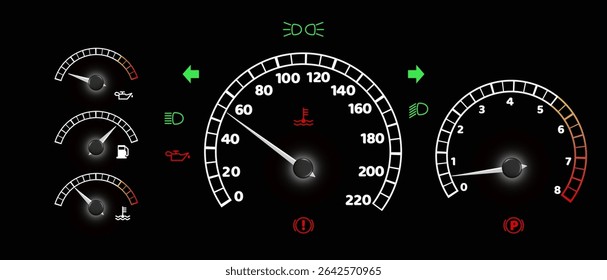 Car dashboard speedometer interface with glowing gauges showing speed numbers, tachometer dial, fuel tank indicator meter on black background for vehicle instrument panel automotive display design.