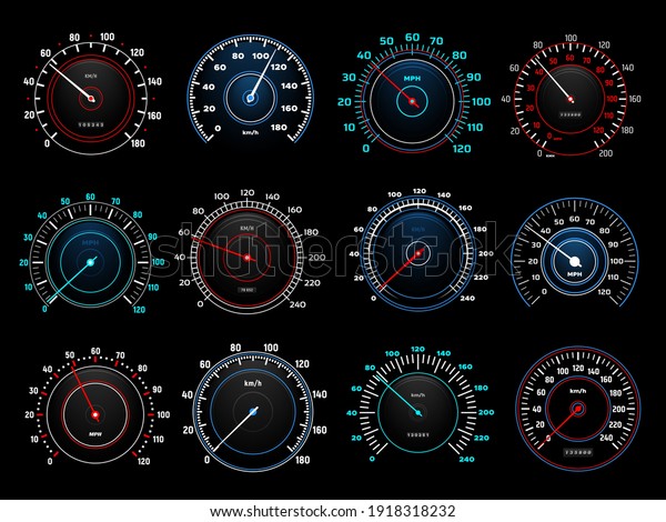 Car\
dashboard speedometer round indicators with glowing neon light\
kilometers and miles per hour scales and arrow. Modern automobile\
analog or digital speed and distance counters\
set