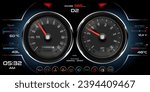Car dashboard speedometer, tachometer, digital LED indicators for fuel and engine temperature. Vector realistic elements of car dashboard instrument cluster.