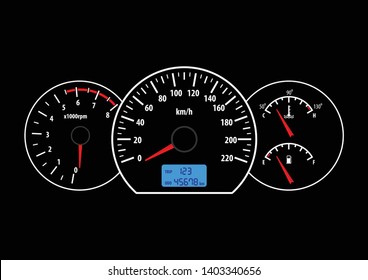 Car dashboard with speedometer, tachometer, fuel and temperature gauge. Vector illustration
