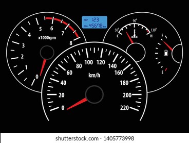Car dashboard with speedometer, tachometer, fuel and temperature gauge. Vector illustration