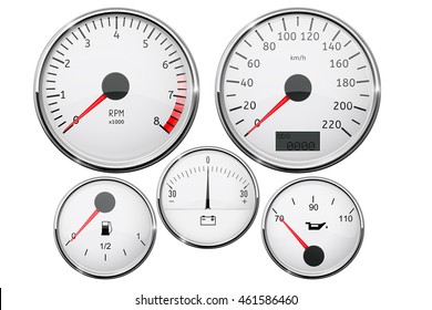 Car Dashboard - Speedometer, Tachometer, Fuel Gauge, Temperature Gauge. Vector Illustration Isolated On White Background