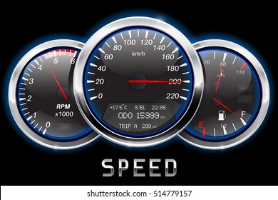 Car Dashboard. Speedometer, Tachometer, Fuel And Temperature Gauge. Vector Illustration