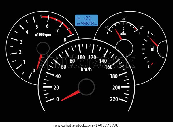 Car dashboard with speedometer,
tachometer, fuel and temperature gauge. Vector
illustration