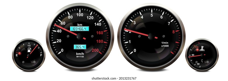 Car dashboard speedometer, tachometer gauge, fuel and engine temperature digital led light indicators Vector realistic isolated elements of car dash board panel gauges svg