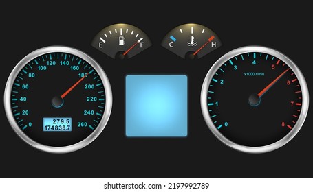 Car dashboard speedometer, tachometer gauge, fuel and engine temperature. Realistic  car's dashboard. Vector illustration. Eps 10.