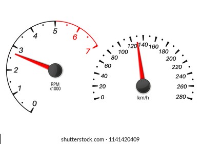 Car dashboard with speedometer and tachometer scales. Vector illustration isolated on white backround