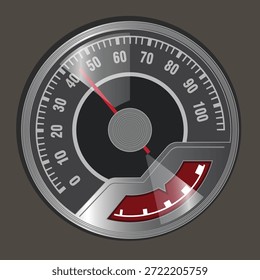 Car Dashboard Speedometer Vector Icon, Automotive Analog Speed Gauge with Metallic Frame and Warning Indicator Zone