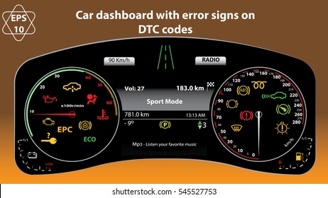 Car dashboard in vector format. Collection of car panel indicators, yellow, red, green, indicators, gauges, RPM, DTC codes, MP3 bar, Distance, Average signs.