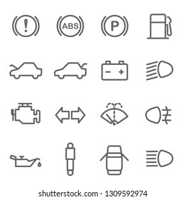 Car Dashboard Vector Line Icon Set. Contains such Icons as Parking, ABS, Battery, Engine, Mechanic and more. Expanded Stroke