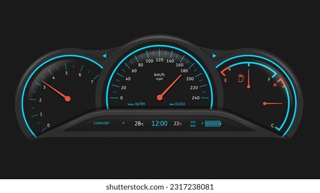 Car dashboard. Vehicle performance monitoring indicators and gauges, fuel level and speedometer ui vector illustration. Automobile odometer and tachometer for oil or petrol level measurement