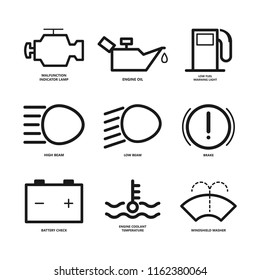 Car dashboard warning icons set. Stroke outline style. Line vector.