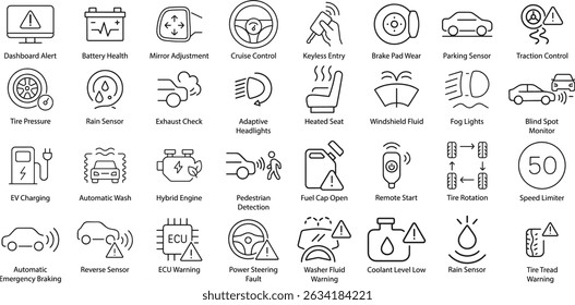 Car Dashboard Warning Icons Set, Vector Illustration.