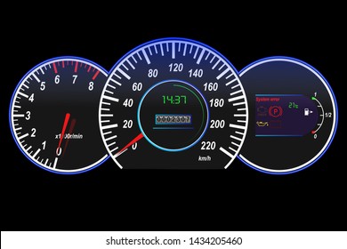 Car dashboard-speedometer, tachometer, odometer, temperature and fuel sensor, vector illustration